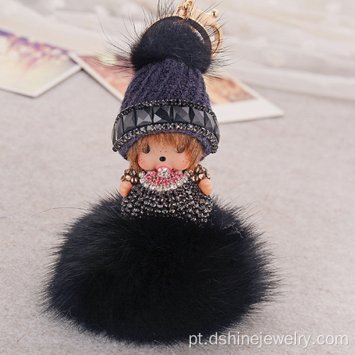 Pele do diamante Monchichi coelho Pom Pom Keychain para saco chave